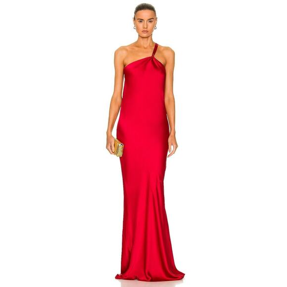 Norma Kamali One Shoulder Bias Maxi Gown Draped Back Satin Tiger Red Sz XS/34 - Picture 2 of 16
